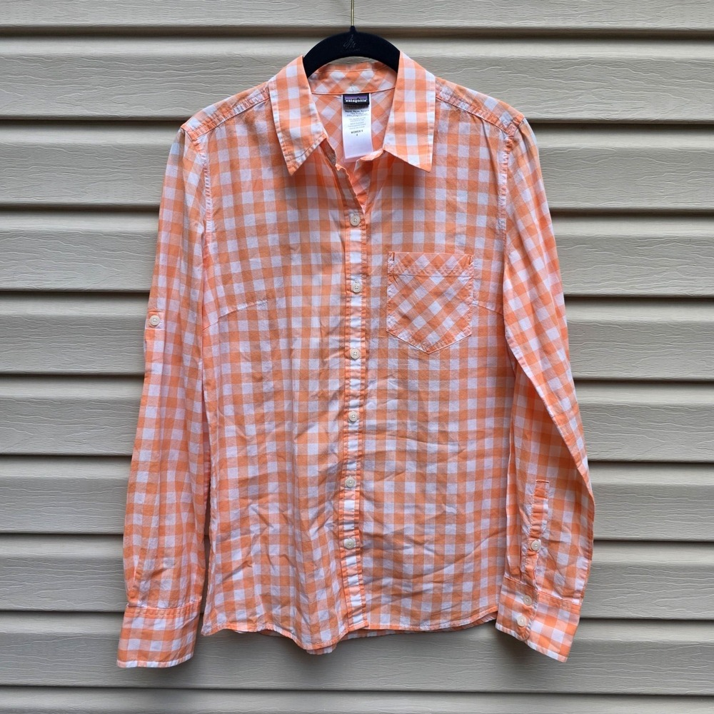 Patagonia Womens 4 Coral‎ Gingham Shirt Organic Cotton Roll Tab Hiking Outdoor